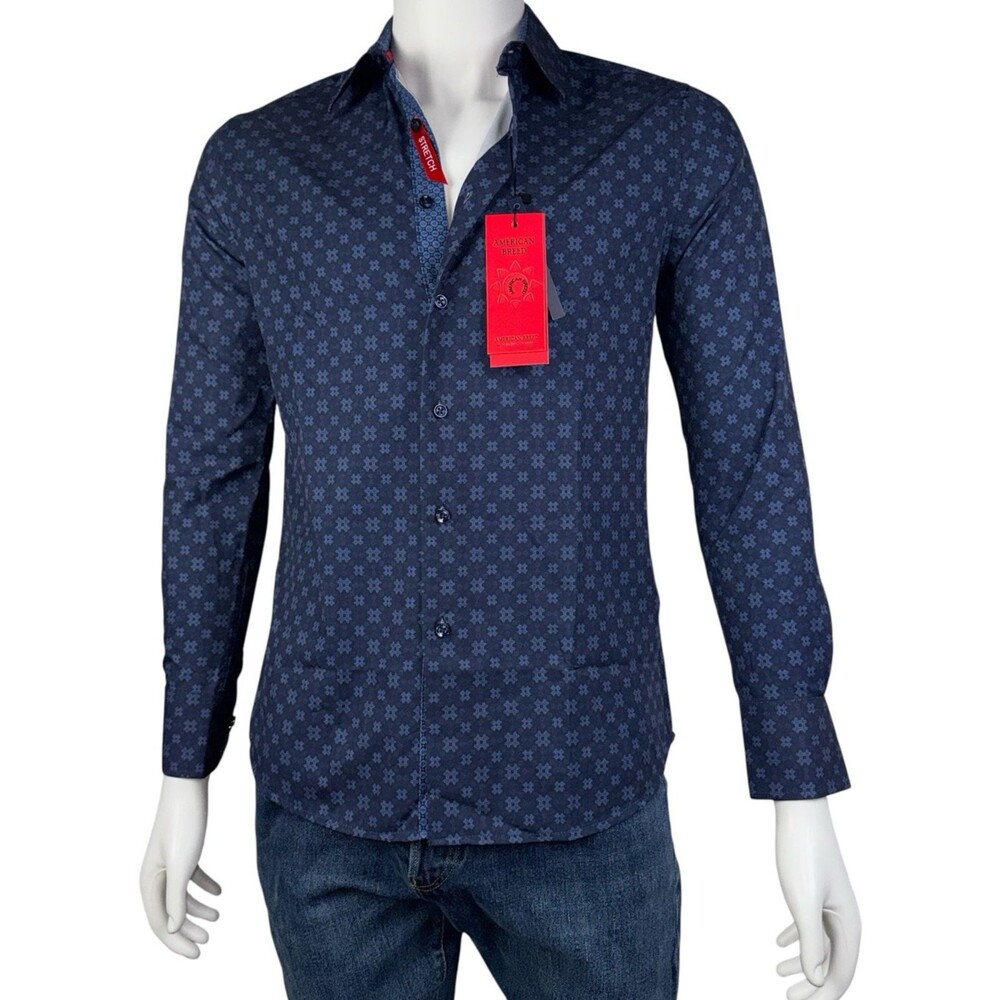 American Breed Mens Size Small Shirt Button-Up Long Sleeve Smart Blue Geometric